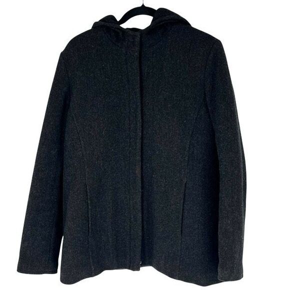 GAP Women’s Coat Size L Charcoal Hooded Recycled Wool Zip-Front Winter Jacket - Picture 12 of 16